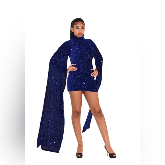 Handmade royal blue sequin dress short with dramatic sleeves size small Fancy By - Picture 1 of 4